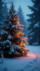 Wall Mural - Glowing tree lights illuminate frosty winter scene, frost, evergreen