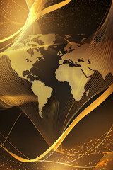 Poster - Abstract golden world map design with glowing lines, digital effects, and bokeh lights representing global connection, digital network, and modern technology.