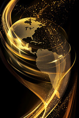 Poster - Golden abstract world map with glowing light trails, digital dots, and sparkles symbolizing global technology, connectivity, and modern design on dark background.