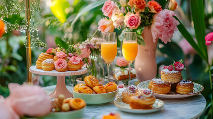 Valentine rooftop brunch featuring fresh pastries, mimosas and floral accents in a luxurious garden dining area