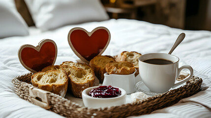 Valentine-inspired breakfast tray with freshly baked bread, jam and coffee placed on a king-sized bed in a luxury suite