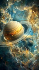 Wall Mural - Majestic view of Saturn surrounded by colorful nebulae and distant celestial bodies in deep space