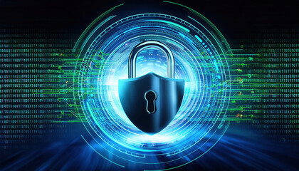 Poster - futuristic cyber security concept featuring digital lock and glowing binary code