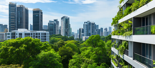 Wall Mural - Lush green trees contrasting with modern cityscape buildings in a copy space image