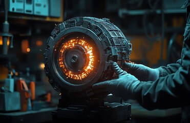 Poster - Glowing futuristic orb during assembly in industrial setting.
