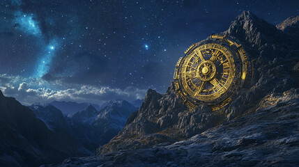 Poster - Sci-fi concept of a glowing ancient golden mechanism mounted on a rugged mountain landscape under a starry night sky, symbolizing time, space, and futuristic exploration