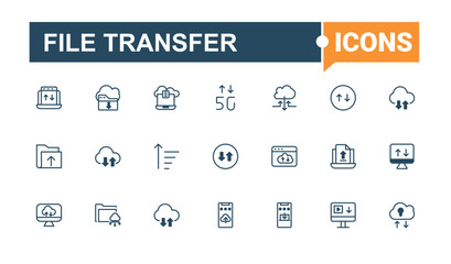 Poster - File Transfer icons set. Includes thin line file, element, cloud, communication, upload, internet, site and more. Symbol. Solid line editable stroke. Vector line and solid icons.