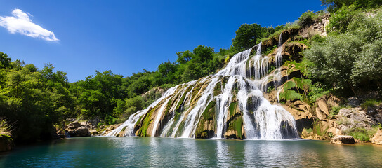 Wall Mural - The picturesque waterfall cascading under a clear blue sky enchants with its beauty, providing a tranquil scene for a copy space image.