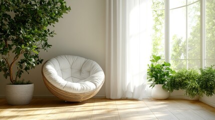 Poster - Tranquil, modern, comfy chair, sunlight, garden view, serene living room