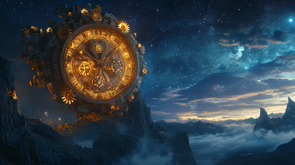 Poster - A floating golden clock mechanism above a rugged mountainous landscape under a starry sky, symbolizing time, technology, and cosmic exploration amidst a surreal atmosphere.