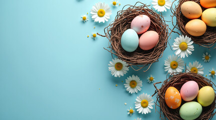 top down view easter eggs in nest paint pots and daisies on blue background