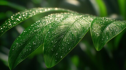 Wall Mural - Tropical leaves, dew drops, bright sunlight, lush greenhouse