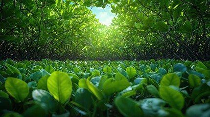 Wall Mural - lush green foliage creating a serene atmosphere in a vibrant mangrove forest under sunlight