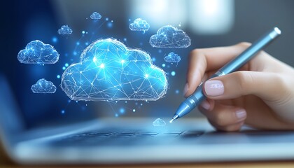 Poster - Hand draws digital cloud network on laptop.