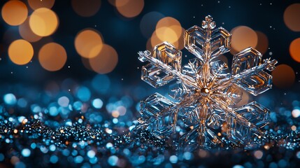Poster - Sparkling ice crystal snowflake on blue glitter.
