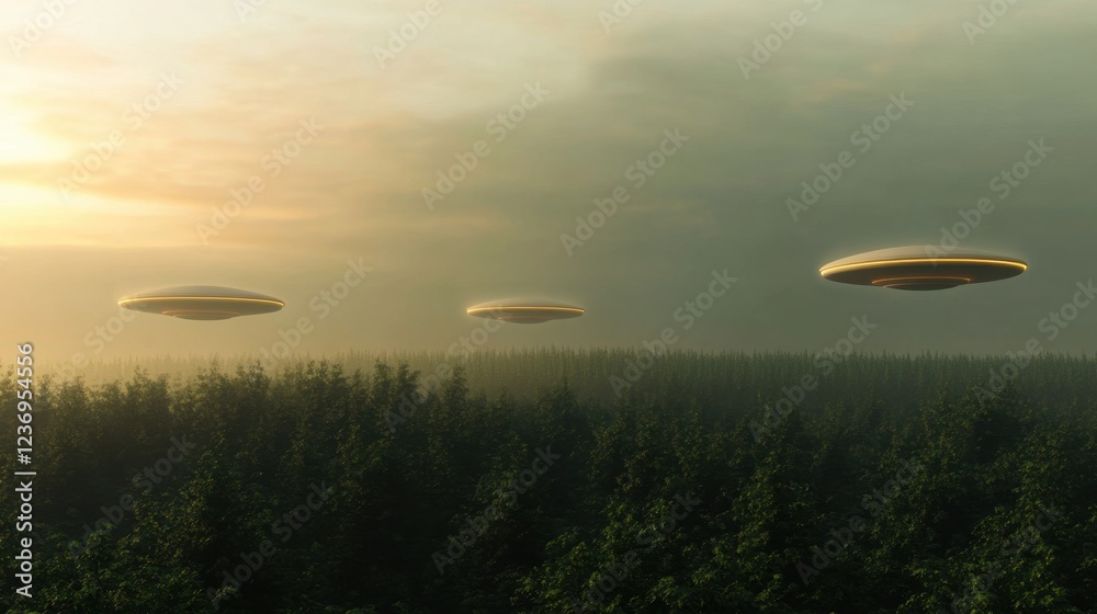 Extraterrestrial Culture Day Mysterious ufos hover over forest at dusk ...