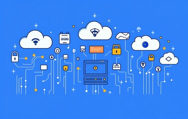 Poster - Computer network with cloud computing, security, and data storage icons.