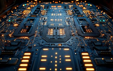 Poster - Close-up of illuminated circuit board with processors and pathways.