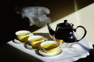 Steaming tea in porcelain cups on a soft cloth in a kitchen with a silver teapot