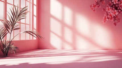 Poster - pink studio background with shadows of windows, flowers, and palm leaves. ideal for product displays