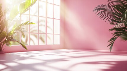 Poster - pink studio background with shadows of windows, flowers, and palm leaves. ideal for product displays
