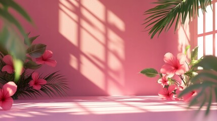 Poster - pink studio background with shadows of windows, flowers, and palm leaves. ideal for product displays