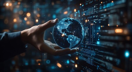 Poster - Hand holding a glowing digital Earth against a backdrop of code.