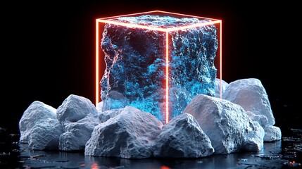 Poster - Glowing neon cube encasing blue, rough texture within white rocks.