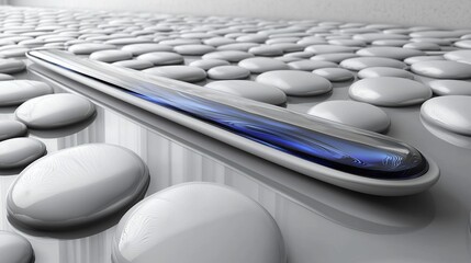 Aufkleber - Sleek, futuristic device with blue liquid rests on white stones.