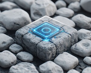 Poster - Futuristic glowing cube on stone surface.