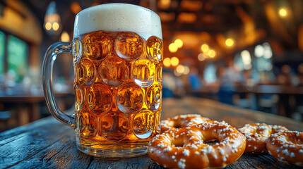 Wall Mural - A large glass beer mug with golden beer and foam, surrounded by traditional pretzels on a wooden table at Oktoberfest