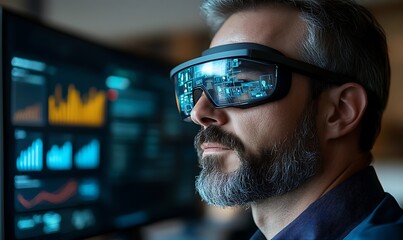 Poster - Man wearing futuristic smart glasses, viewing data on a screen.
