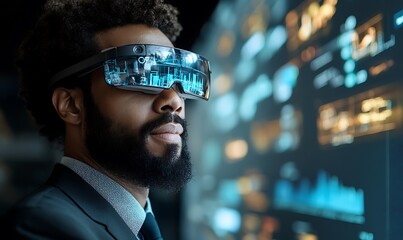 Poster - A businessman wearing futuristic glasses, viewing data on a digital screen.