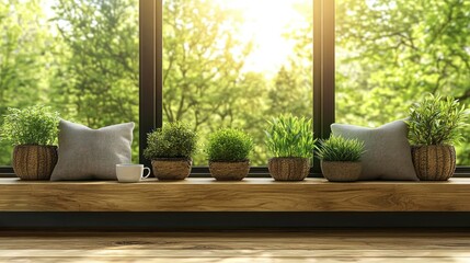 Poster - Wooden windowsill with plants and pillows, sunlight streaming through, nature view