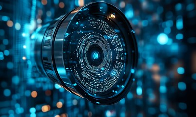 Aufkleber - Futuristic metallic lens with glowing blue digital data streams.