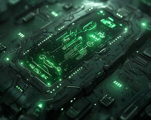 Poster - Futuristic green circuit board with glowing components.