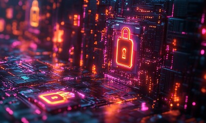 Poster - Futuristic neon glowing padlock on a digital circuit board.