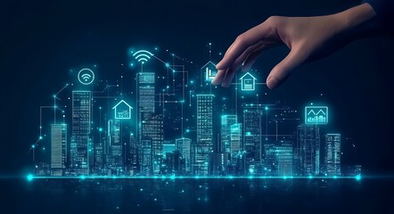 Poster - Hand interacting with a futuristic smart city digital model, showcasing interconnected buildings and data.