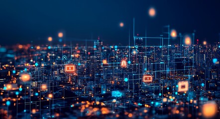 Poster - Futuristic cityscape at night with digital network overlay showing data transfer and security.