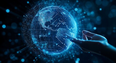 Poster - Hand interacting with a glowing digital Earth globe, illustrating global network connectivity.
