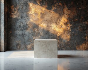 Poster - Marble cube on polished floor against textured wall.