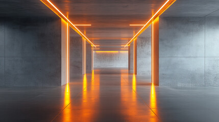 Poster - orange futuristic concrete room studio with bright lighting 3d render illustration