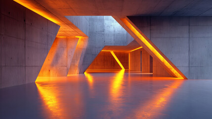 Poster - orange futuristic concrete room studio with bright lighting 3d render illustration