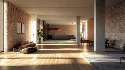 Poster - empty contemporary loft with brick wall,wooden floor and concrete columns studio 3d rendering illust