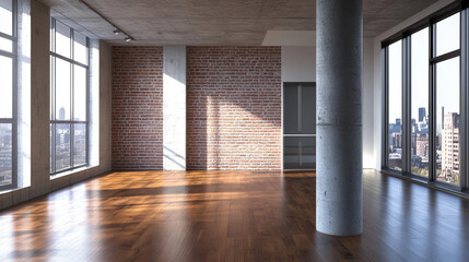 Poster - empty contemporary loft with brick wall,wooden floor and concrete columns studio 3d rendering illust