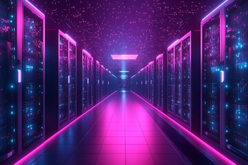 Poster - Futuristic server room with neon pink and blue lighting.