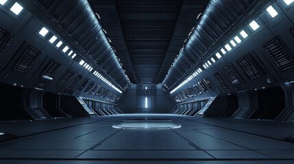 Poster - dark wide sci-fi hangar style industry hall with futuristic design 3d render illustration