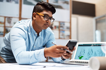 Poster - planning, business man and architect with calculator for blueprint measurement or construction proje