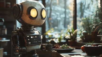 Futuristic Robot Assistant Preparing a Meal in a Cozy Kitchen Environment