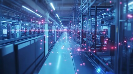 Poster - Futuristic smart factory interior with interconnected network nodes.